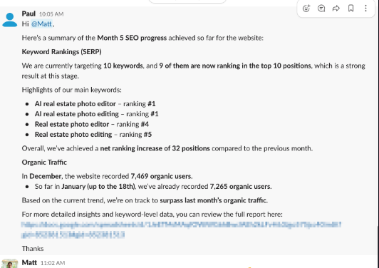 Month 5 report: 9 of 10 keywords in the top 10, money keywords at number 1